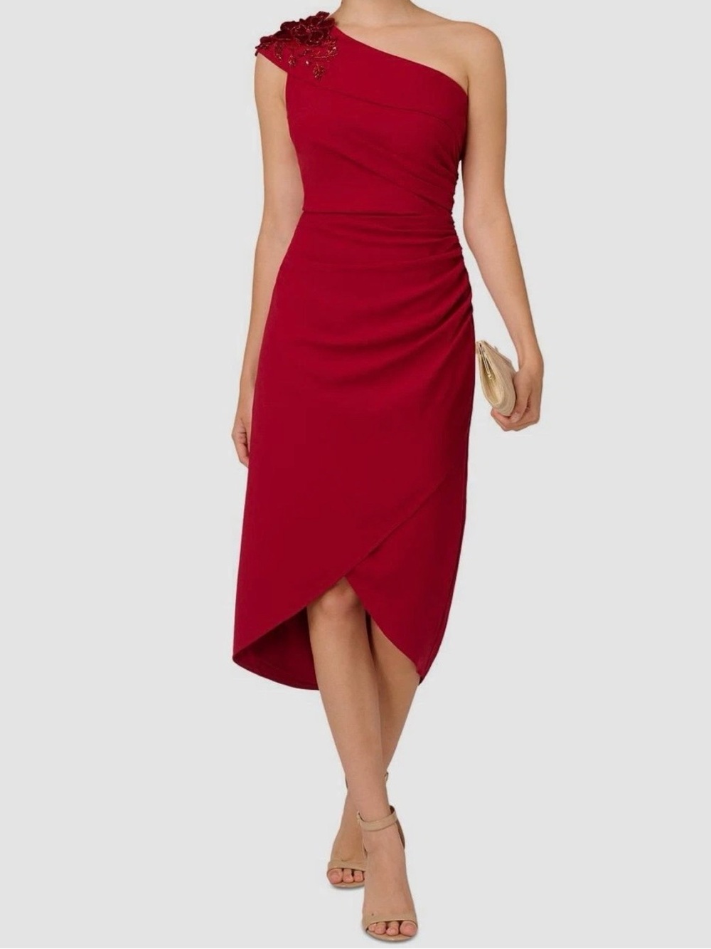 Women’s Red Beaded Ruched Faux Wrap Asymmetrical Midi Dress